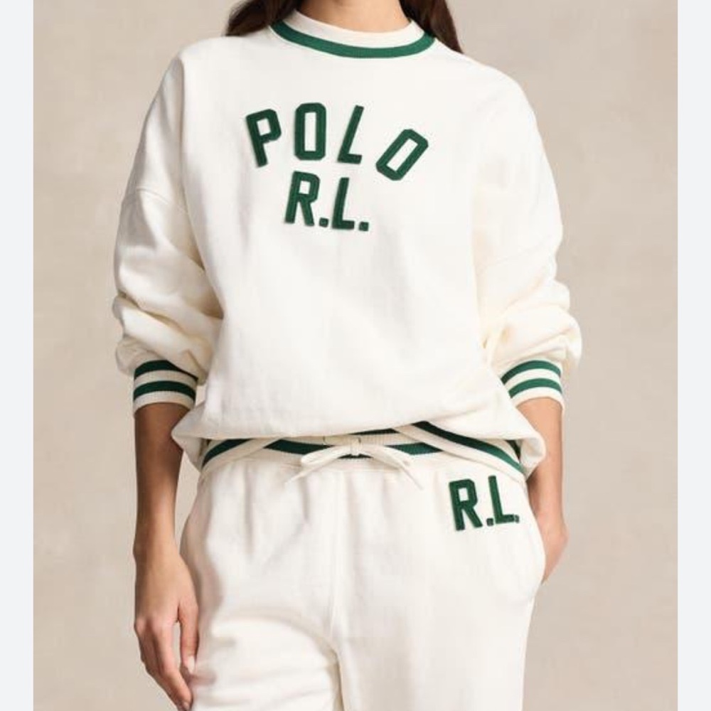 Polo by Ralph Lauren Women's Cream and Green Crew Neck Sweater